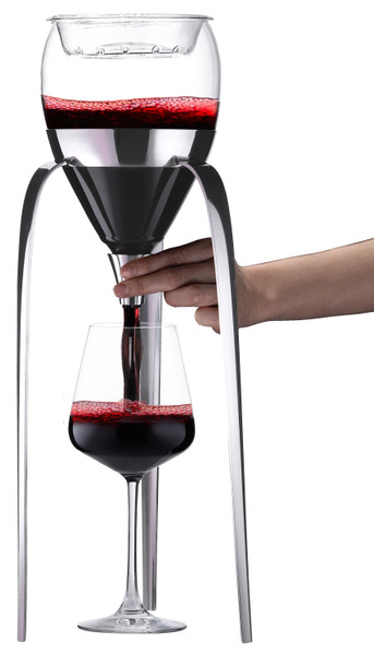 The Vortex Somm aerating wine dispenser allows wine to pass through the "rain filter" which aerates the wine releasing the bouquet on its way into the decanting vessel, simply slide up the gravity fed valve, and a glass of wine is served within seconds. An elegant way to serve wine and all kinds of other beverages one glass at a time, an eye catching table top conversation piece, sure to be a hit while entertaining at home. 