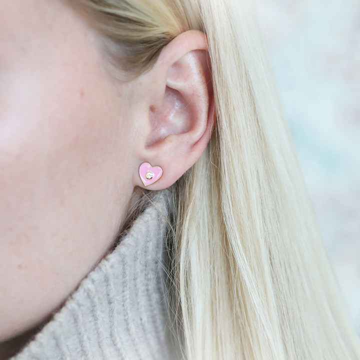 Enamel Stud Earrings - Heart- Pink