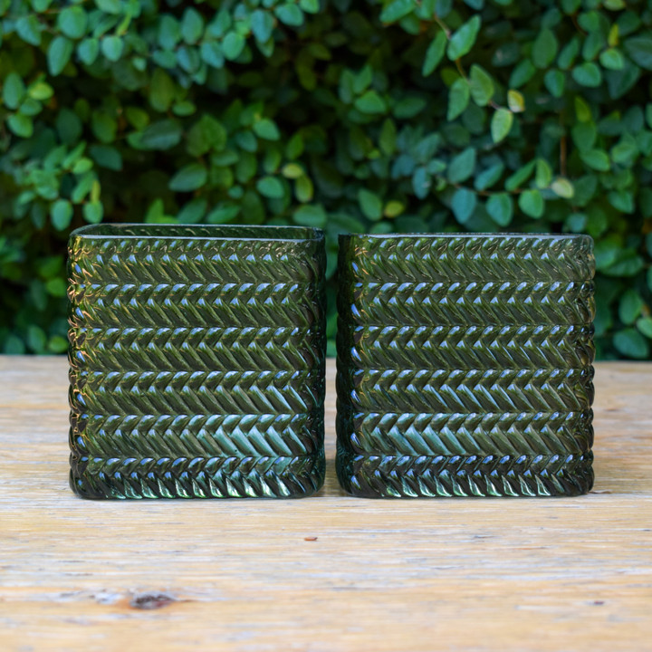 Great as a votive, vase, decorative object, or for storage! The Greenwich vases are mouth blown inside a geometric mold giving it a unique texture. 

3.9"l X 3.9"d X 3.9"h