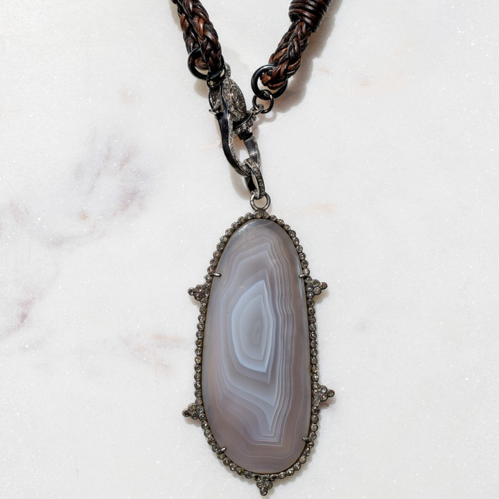 Agate and Pave Pendant on Bolo w/ Pave Clasp