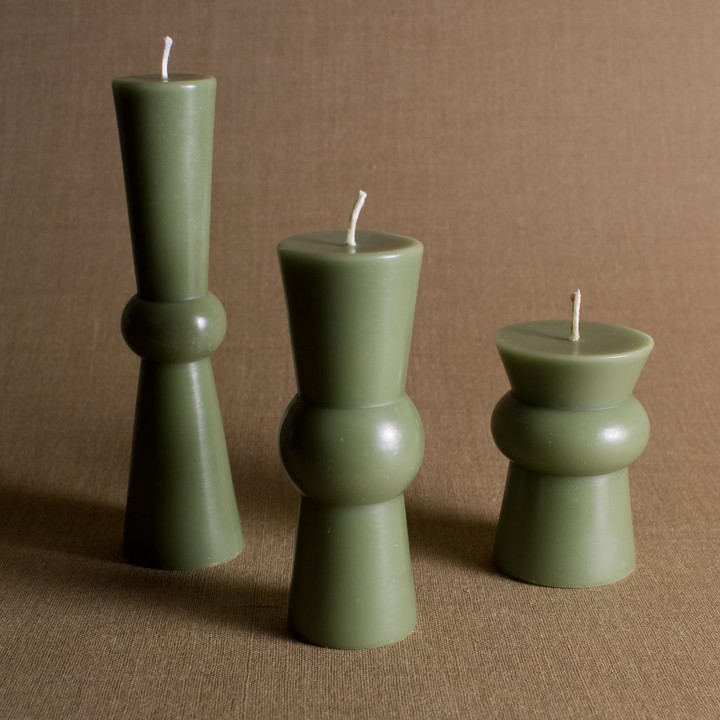 A unique alternative to the everyday pillar candle. The Josee Pillar Candles are available in three different size, each a unique shape on its own. The beeswax burns clean and is accompanied by a cotton wick. 