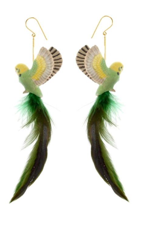 Green Budgerigar w/ Fringe Earrings