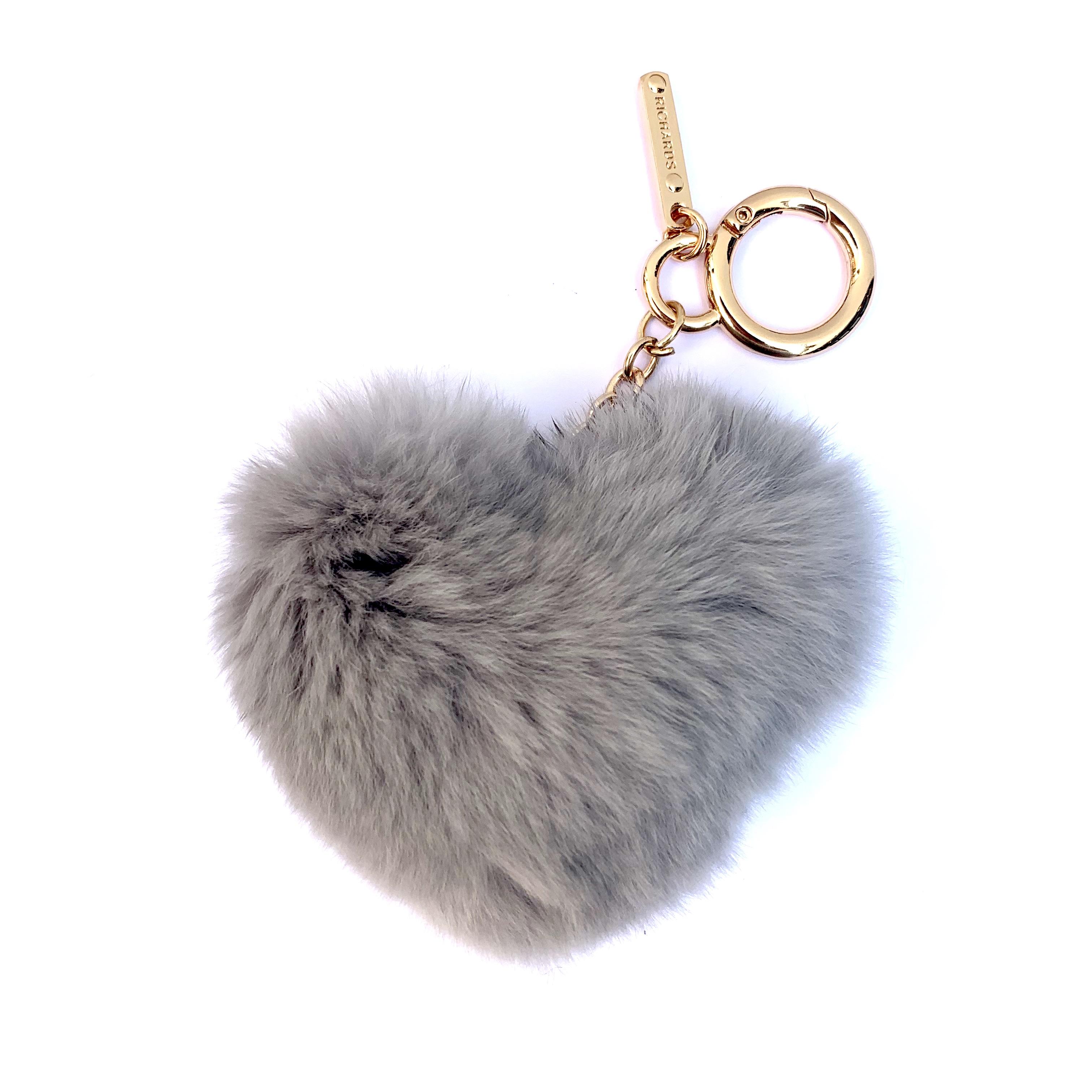 FRR Rex Rabbit Fur Heart Bag Charm in Grey