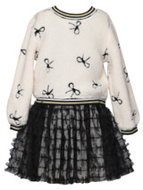 Baby Sara Bow Embroidered Sherpa Twofer Dress With Tutu Skirt - Ivory Multi SW-44046