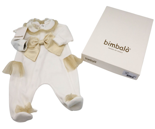 Bimbalo - Italian Import Cream Velour Footie with Gold Bow 8152