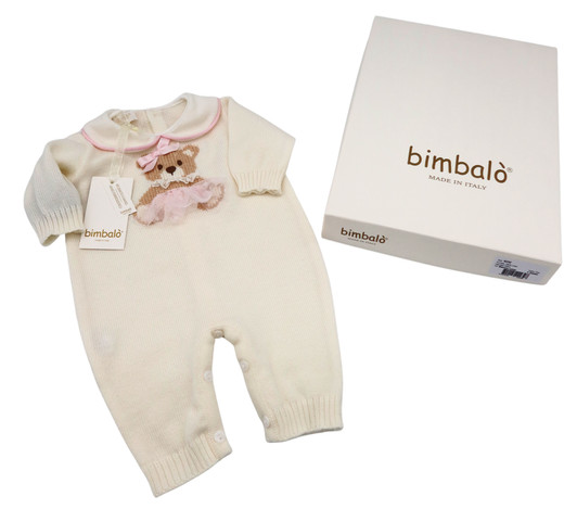 Bimbalo - Italian Import Knit Cream Romper with Bear Pink Trim 8232