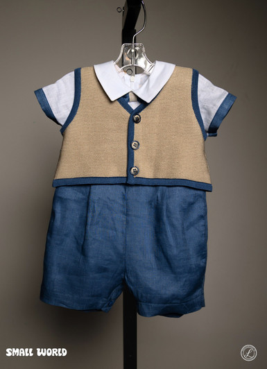 Bimbalo - Italian Imported Woven Baby Romper Beige/Blue 8033