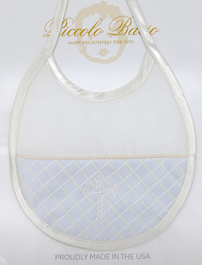 Piccolo Bacio - Handmade matching Bib - Half Blue Check with Embroidered Cross - Silk Style BB-1