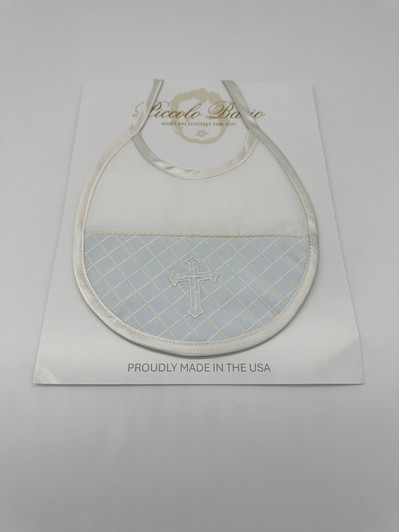 Piccolo Bacio - Handmade matching Bib - Half Blue Check with Embroidered Cross - Shantung Style BB-2