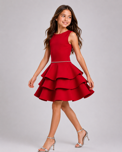Dolls and Divas - Red Scuba Sleeveless Tucker 1 Dress with 3 Tier Skirt