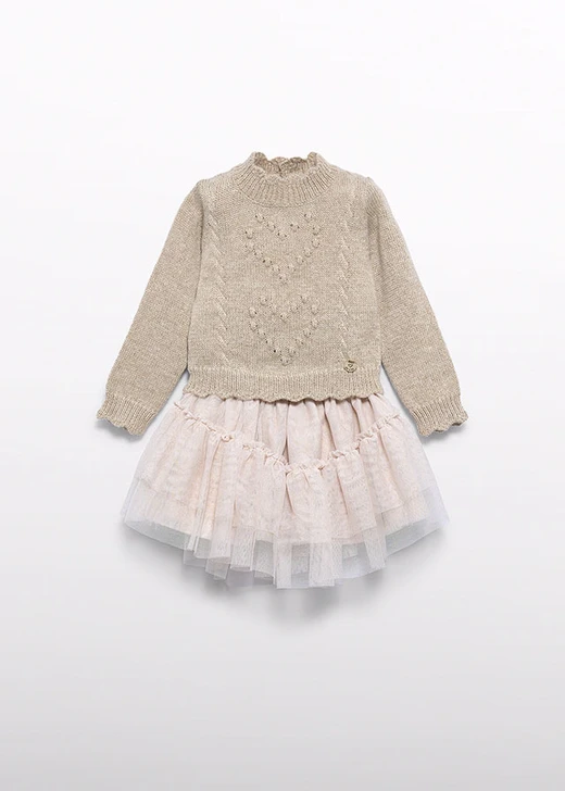 Abel & Lula Girl Tulle Sweater and Skirt Set - Champagne (5519-2)