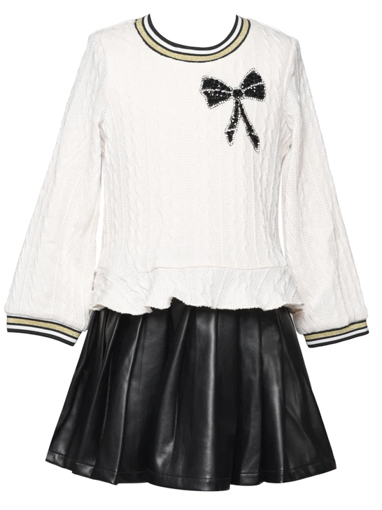 Baby Sara Long Sleeve Cable Knit Twofer With Faux Leather Pleated Dress - Ivory Multi SW-38195