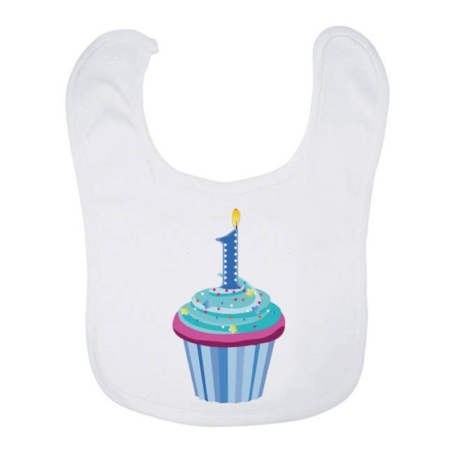 Baby Bib - Birthday cupcake 1 year old (blue)