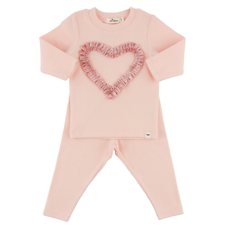 Pink Velvet Ruffle Heart Baby Rib 2pc Set