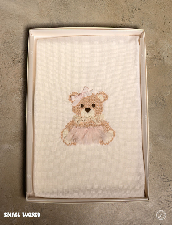 Bimbalo - Italian Import Knit Cream Blanket with Bear Pink Trim 8230