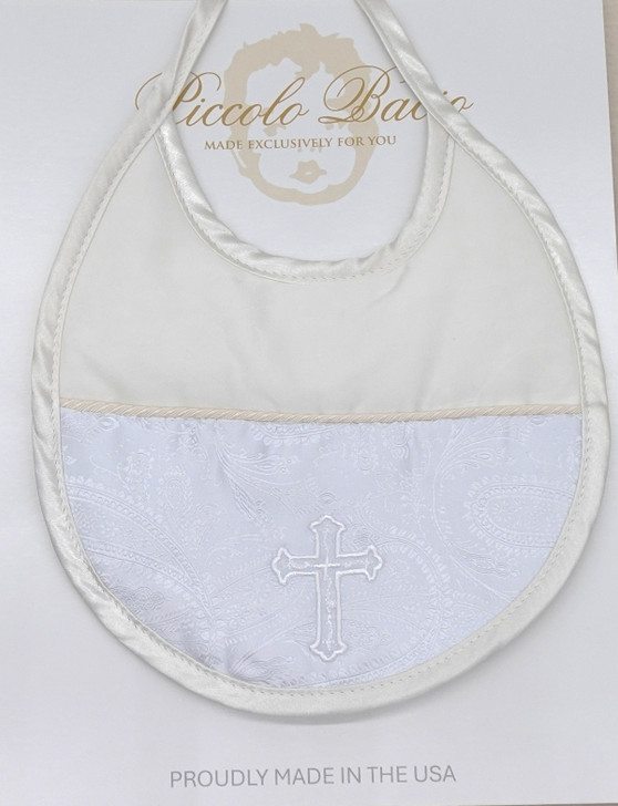 Piccolo Bacio - Handmade matching Bib - Half Blue Paisley with Embroidered Cross - Silk Style BB-5
