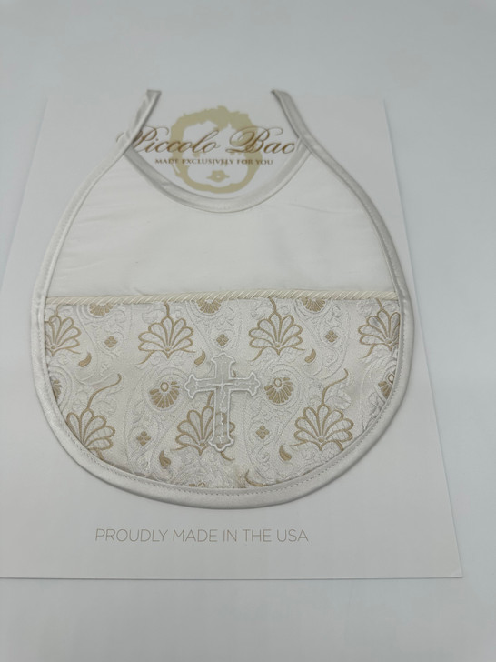 Piccolo Bacio - Handmade matching Bib - Half Brocade with Embroidered Cross - White Silk Style BB-8
