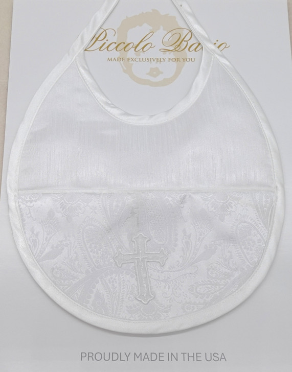 Piccolo Bacio - Handmade matching Bib - Half White Paisley with Embroidered Cross - Silk Style BB-12