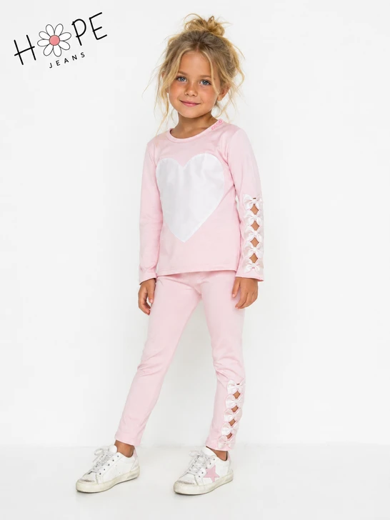 Hope Jeans - 2pc Set Ballet Pink L/S Top White Heart & Bows and Pink White Bow Leggings