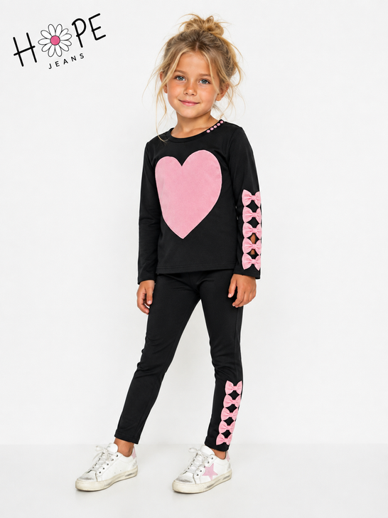 Hope Jeans - 2pc Set Black L/S Top Pink Hear Pink Bow Sleeves and Pink Bow Leggings
