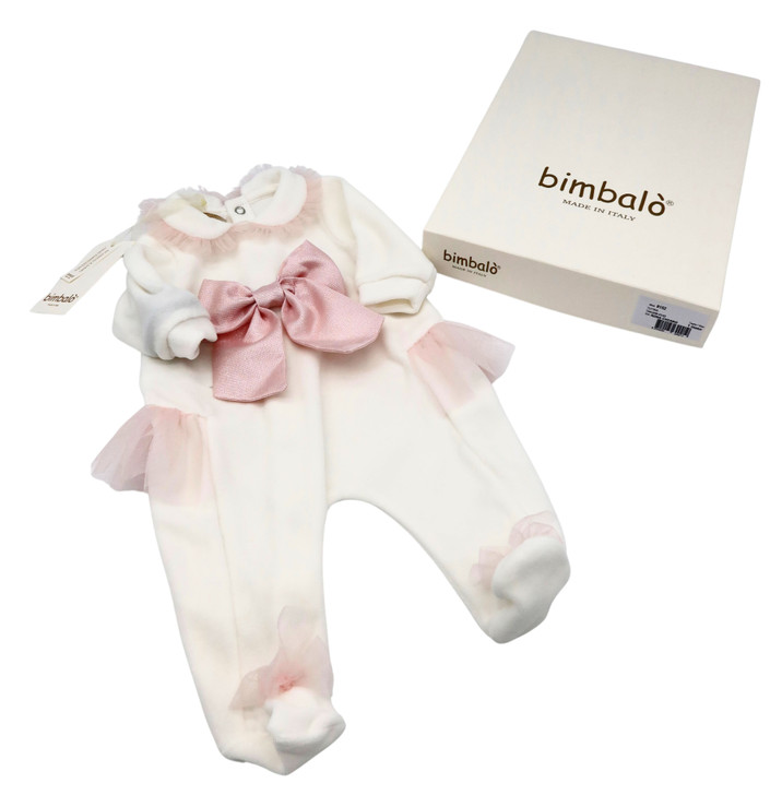 Bimbalo - Italian Import Cream Velour Footie with Pink Bow 8152