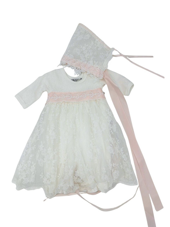 Bebe Gabrielle - 3851-4 L/S Pink Belt Lace Dress Newborn