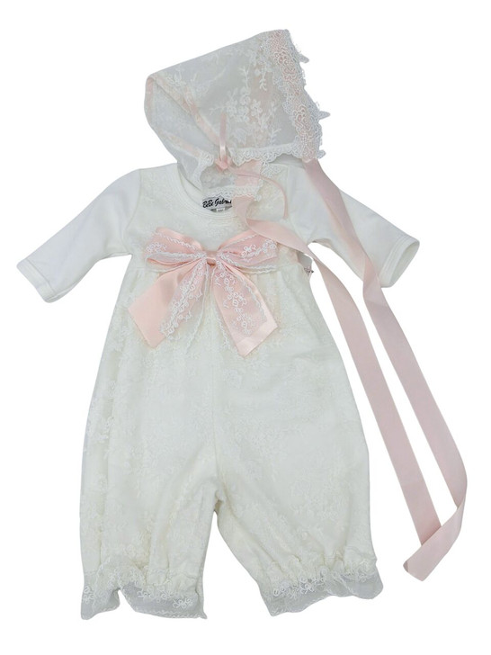 Bebe Gabrielle - L/S Pink Bow Ivory Lace Romper 3851-R