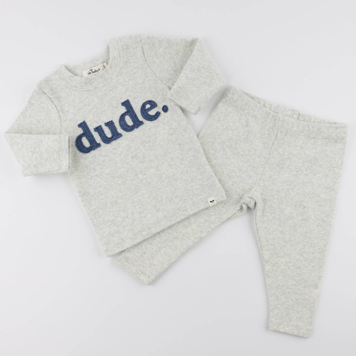 oh baby! Two Piece Set - Denim "dude" Applique - Heather Gray
