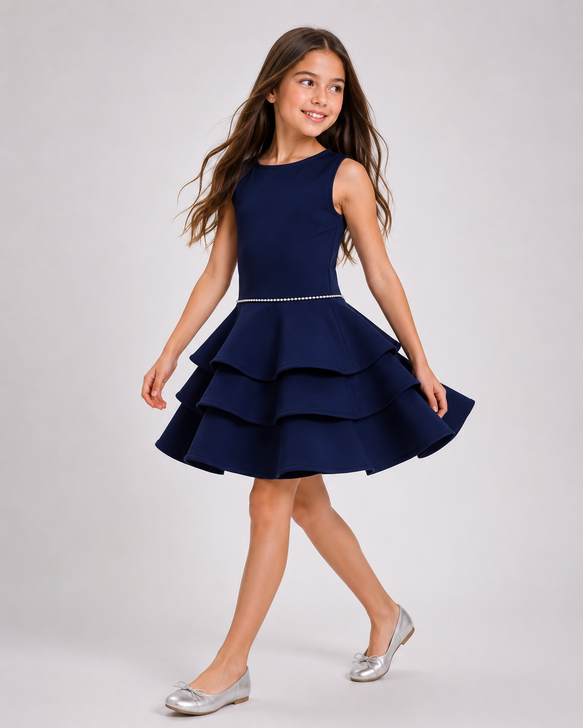 Dolls and Divas - Navy Scuba Sleeveless Tucker 1 Dress with 3 Tier Skirt