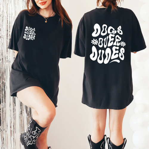 A woman wearing a graphic tee from our shop