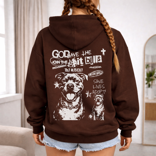 A woman wearing a printed hoodie from our shop Urban Suburban Apparel