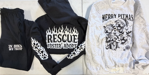 sweatpants, hoodie, and sweatshirt laid flat from our shop