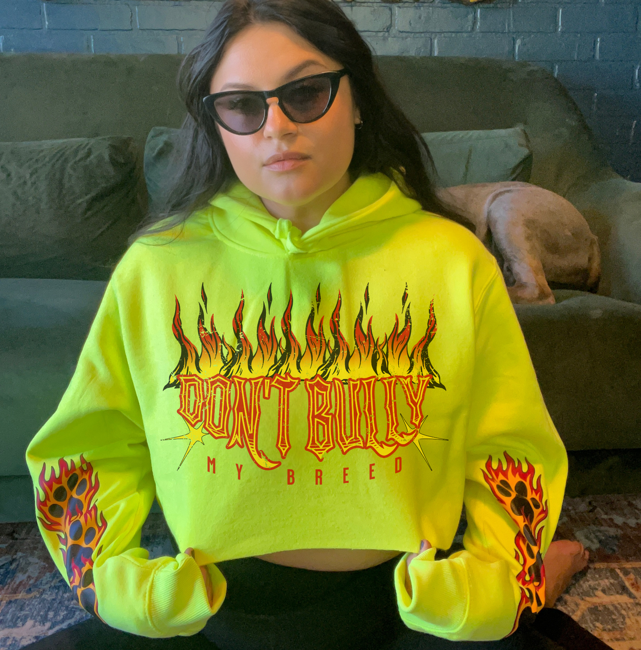 DON'T BULLY MY BREED (Flames) Heavyweight Safety Yellow Hoodie