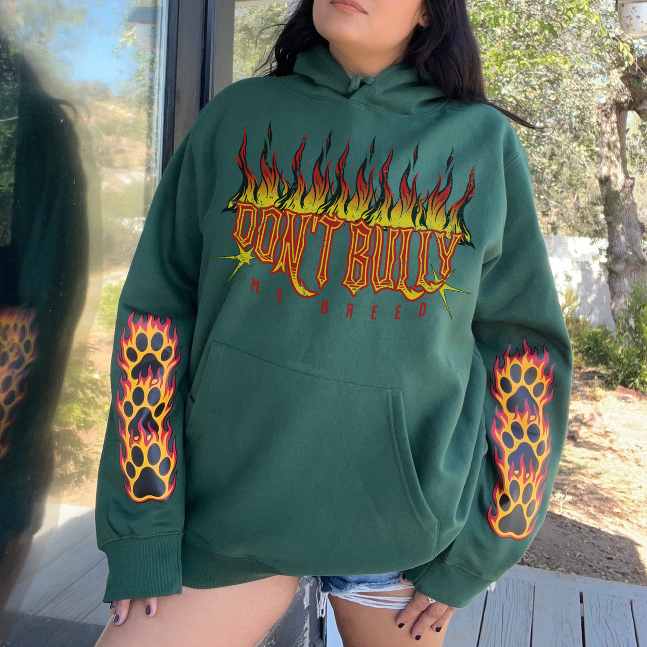 DON'T BULLY MY BREED (Flames) Heavyweight Green Hoodie
