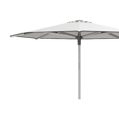 Close up side view of a patio umbrella with contrasting bottom binding