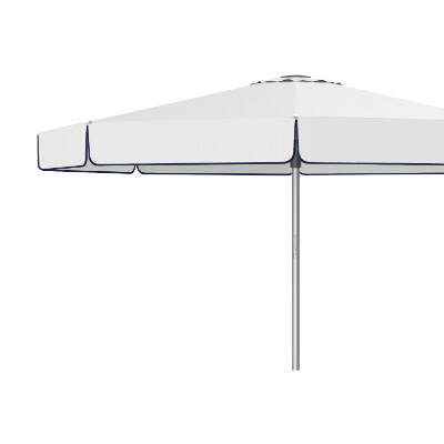 Close up side view of a patio umbrella with valances and contrasting bottom binding