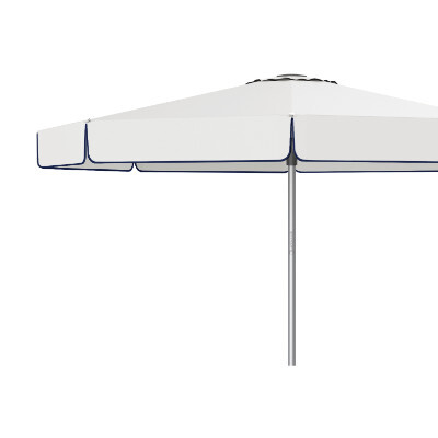 Close up side view of a patio umbrella with valances and contrasting top vent and bottom binding