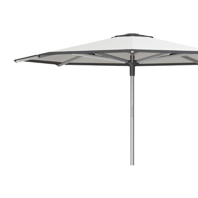 Close up side view of a patio umbrella with a contrasting top vent and trim