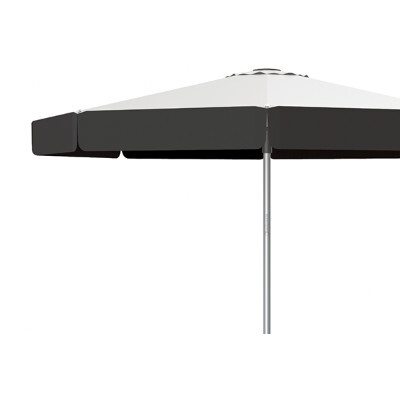 Close up side view of a patio umbrella with contrasting valances