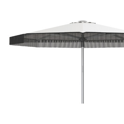 Close up side view of a patio umbrella with fringe