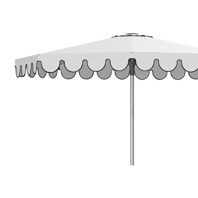 Close up side view of a patio umbrella with rounded valances