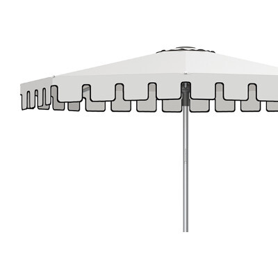 Close up side view of a patio umbrella with squared valances
