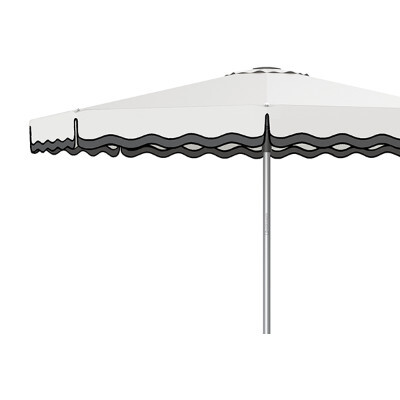Close up side view of a patio umbrella with wavy valances and trim