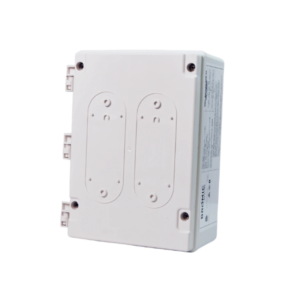 Angle view of a white rectangular 2-channel outdoor heater control