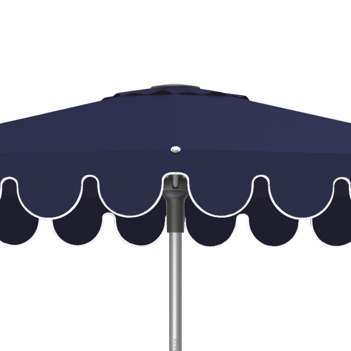 Close-up of navy blue patio umbrella with rounded scalloped valances with white binding