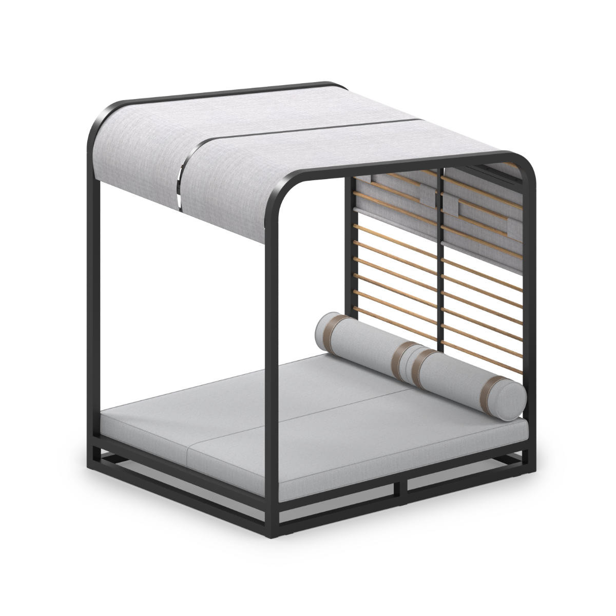 Wide dark metal framed daybed with grey cushions, teak trellis back and roof with an adjustable fabric shade
