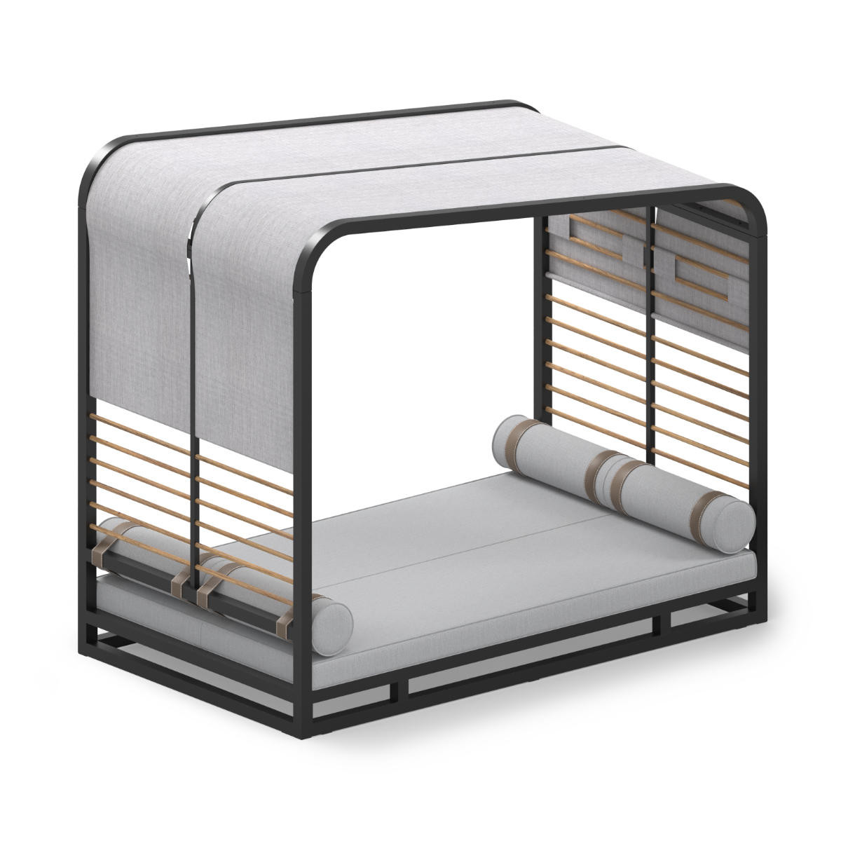 Long dark metal framed daybed with grey cushions, teak trellis back and roof with an adjustable fabric shade