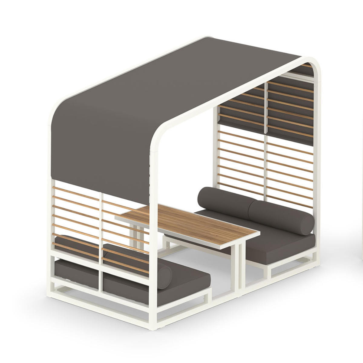 White metal framed lounge booth with grey cushions, teak trellis with an adjustable fabric shade and fixed teak slat table