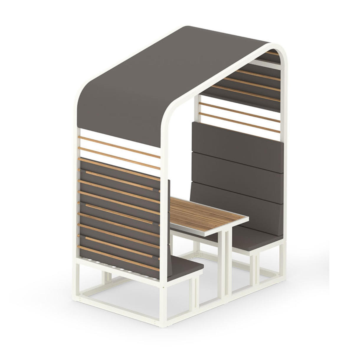 White metal framed dining booth with high-back grey cushions, teak trellis with a matching fabric shade and fixed teak slat table