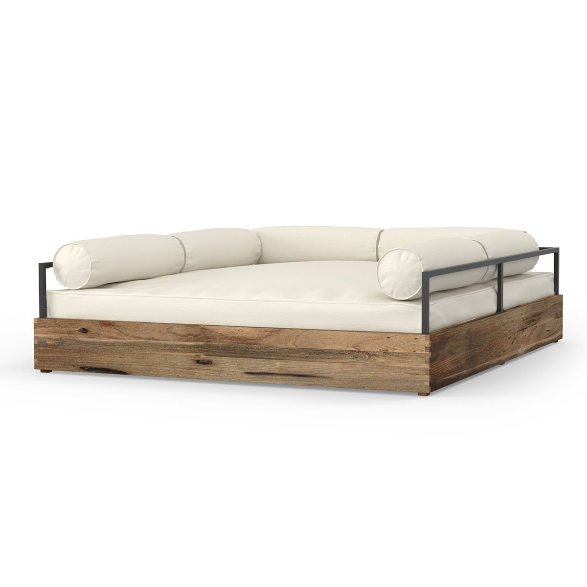 Light driftwood teak platform daybed with off-white cushions and bolster pillows with a dark metal frame